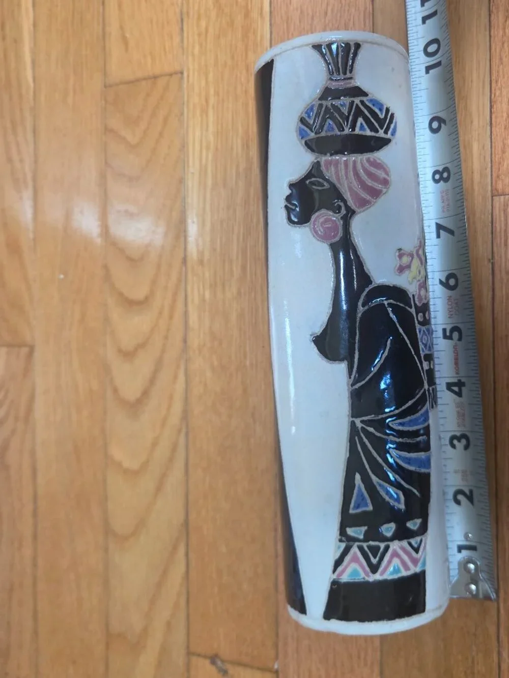 vintage cylander vase with two sides one stylized birds and lady figure on other